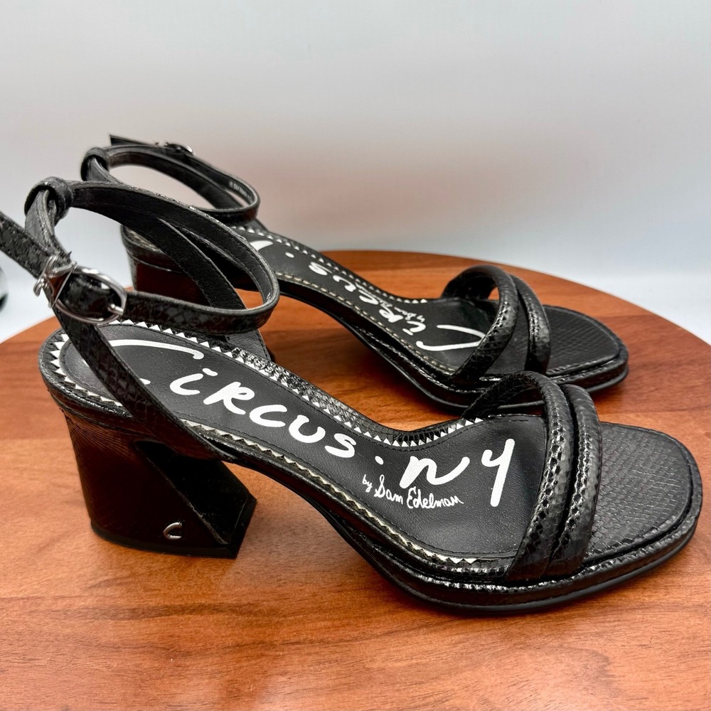 Circus NY Sam Edelman Holly Black Snake Print Block Heel Sandals Womens 8.5 M